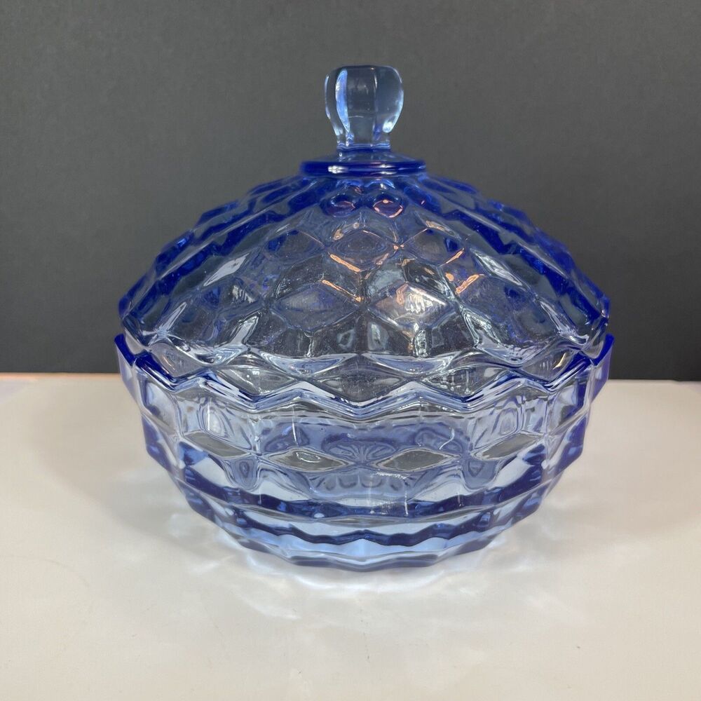 Fostoria Candy Dish Blue Americana Glass Covered Bowl Cubist Art Deco Vtg